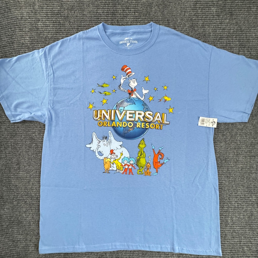 NWT Universal Studios Orlando Resort T-Shirt XL Carolina Blue Dr Seuss Graphic